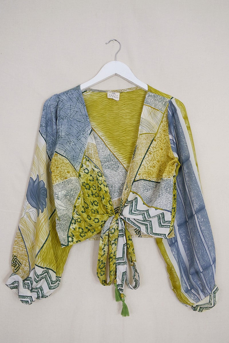 Lola Wrap Top - Stormy Chartreus Patchwork - Size S/M by All About Audrey