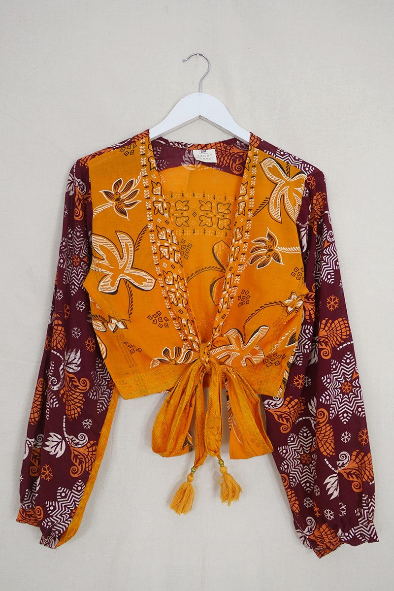 Lola Wrap Top - Vintage Cotton - Ochre Folk Flower - Size S/M by All About Audrey