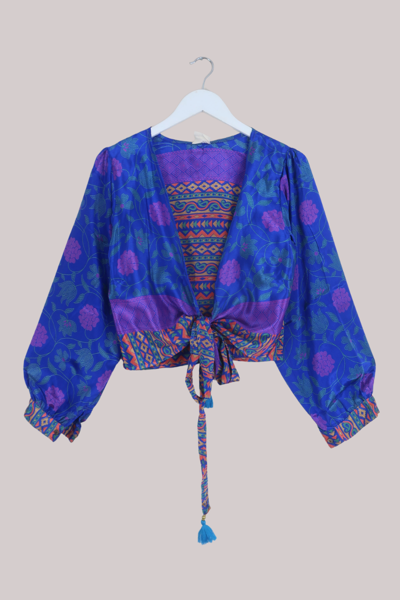 Lola Wrap Top in Abstract Carnival Indigo - Size M