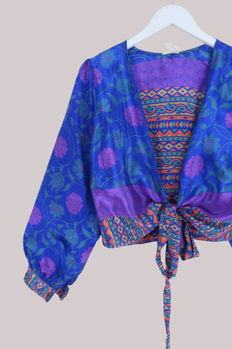 Lola Wrap Top in Abstract Carnival Indigo - Size M