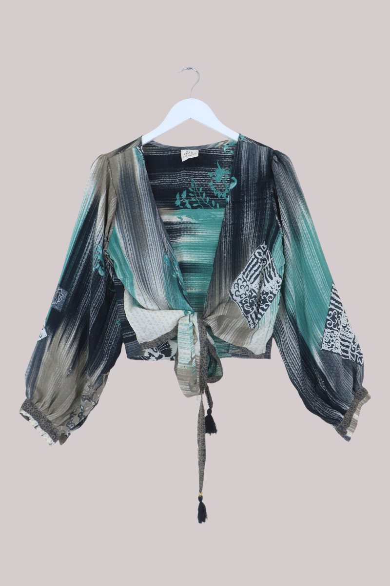 Lola Wrap Top in Abstract Coastal Blue - Size M