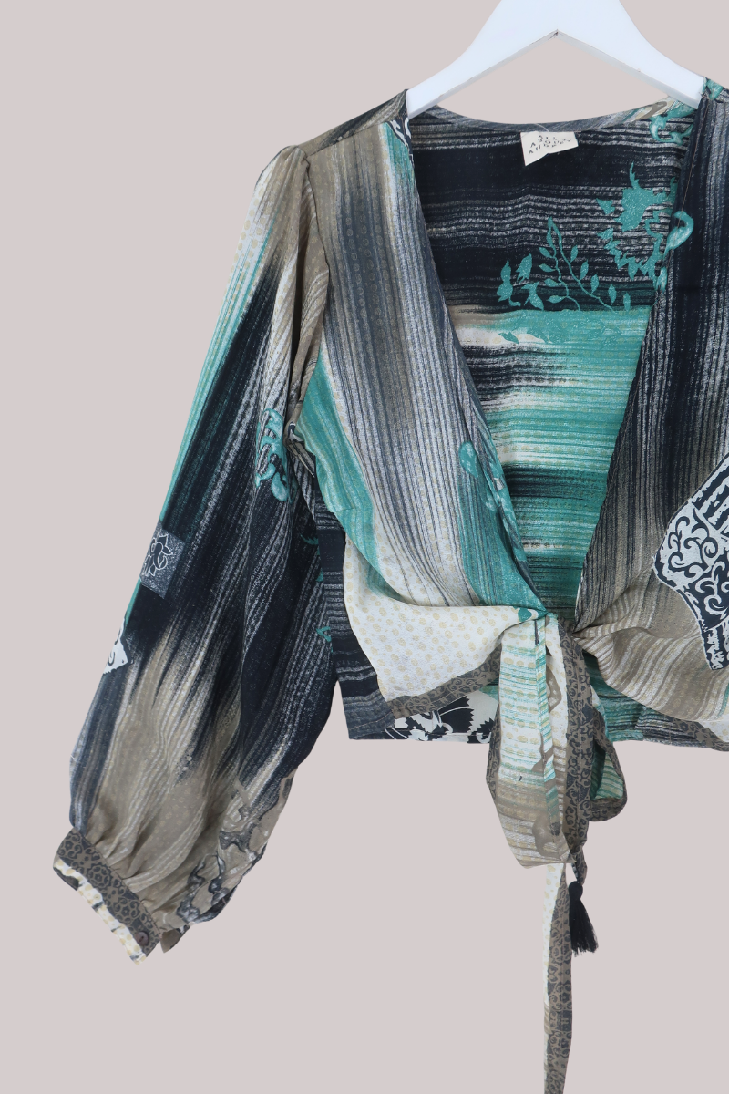 Lola Wrap Top in Abstract Coastal Blue - Size M