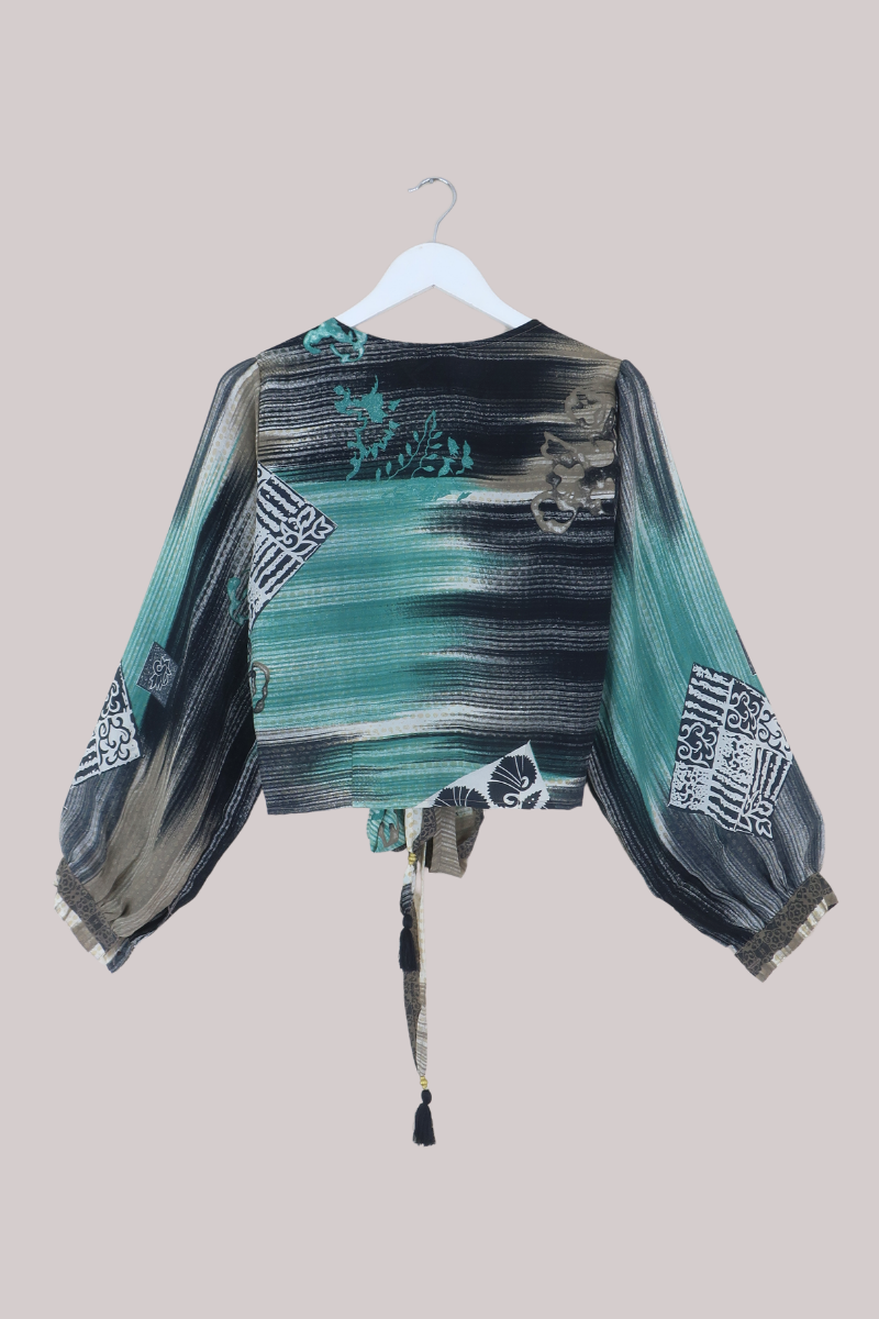 Lola Wrap Top in Abstract Coastal Blue - Size M
