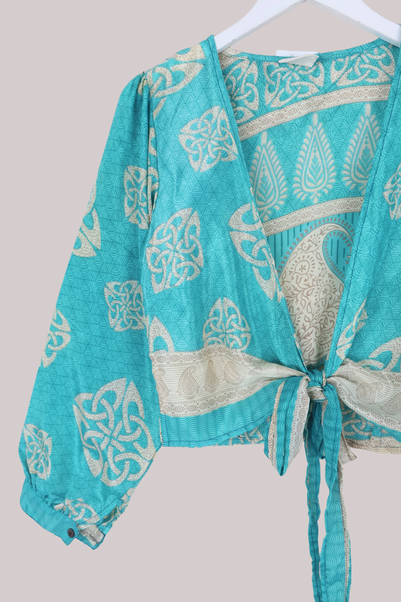 Lola Wrap Top in Bermuda Blue Paisley - Size M