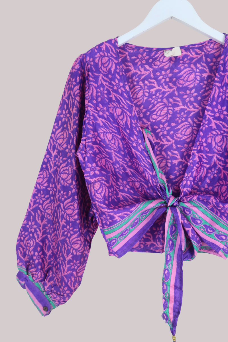 Lola Wrap Top in Blackcurrant Florals - Size L