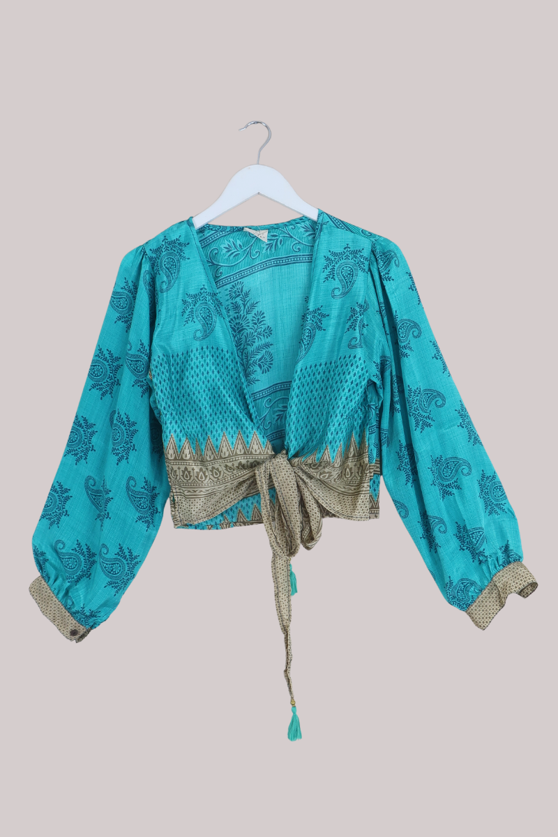 Lola Wrap Top in Carolina Blue Paisley - Size M