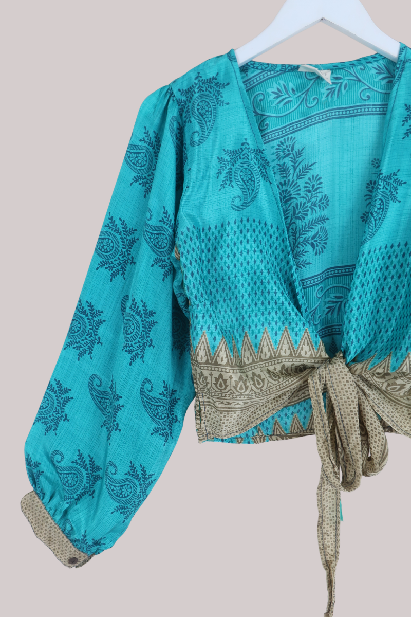 Lola Wrap Top in Carolina Blue Paisley - Size M