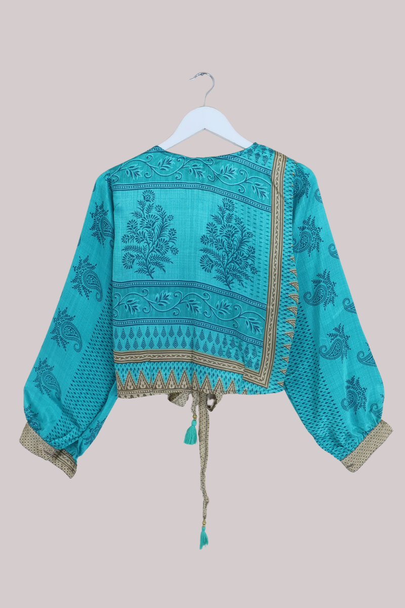 Lola Wrap Top in Carolina Blue Paisley - Size M
