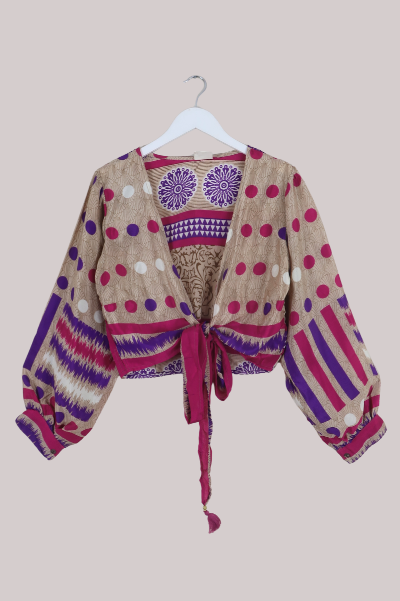 Lola Wrap Top in Gold & Magenta Polka - Size L