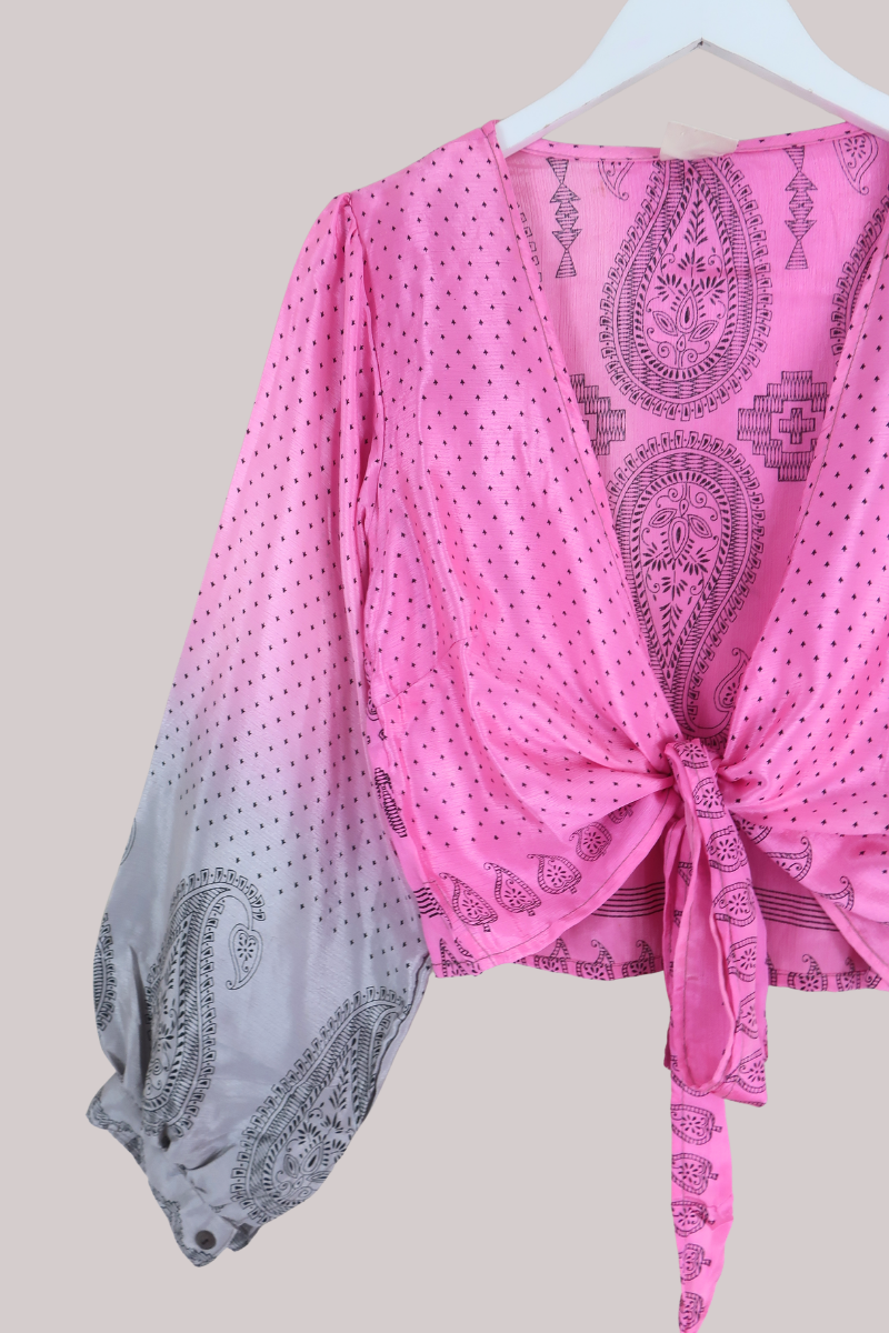 Lola Wrap Top in Icing Pink Paisley - Size L