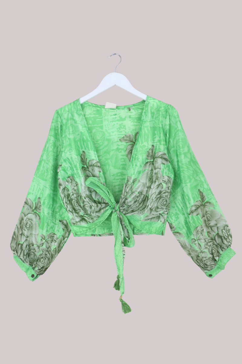 Lola Wrap Top in Lime Green Florals - Size M
