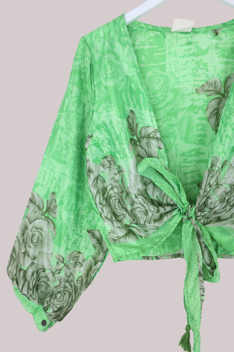Lola Wrap Top in Lime Green Florals - Size M