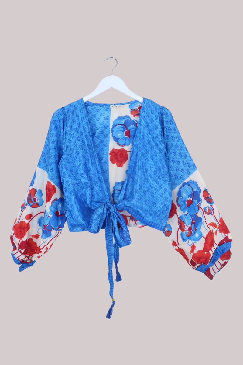 Lola Wrap Top in Lunar Blue Poppies - Size M