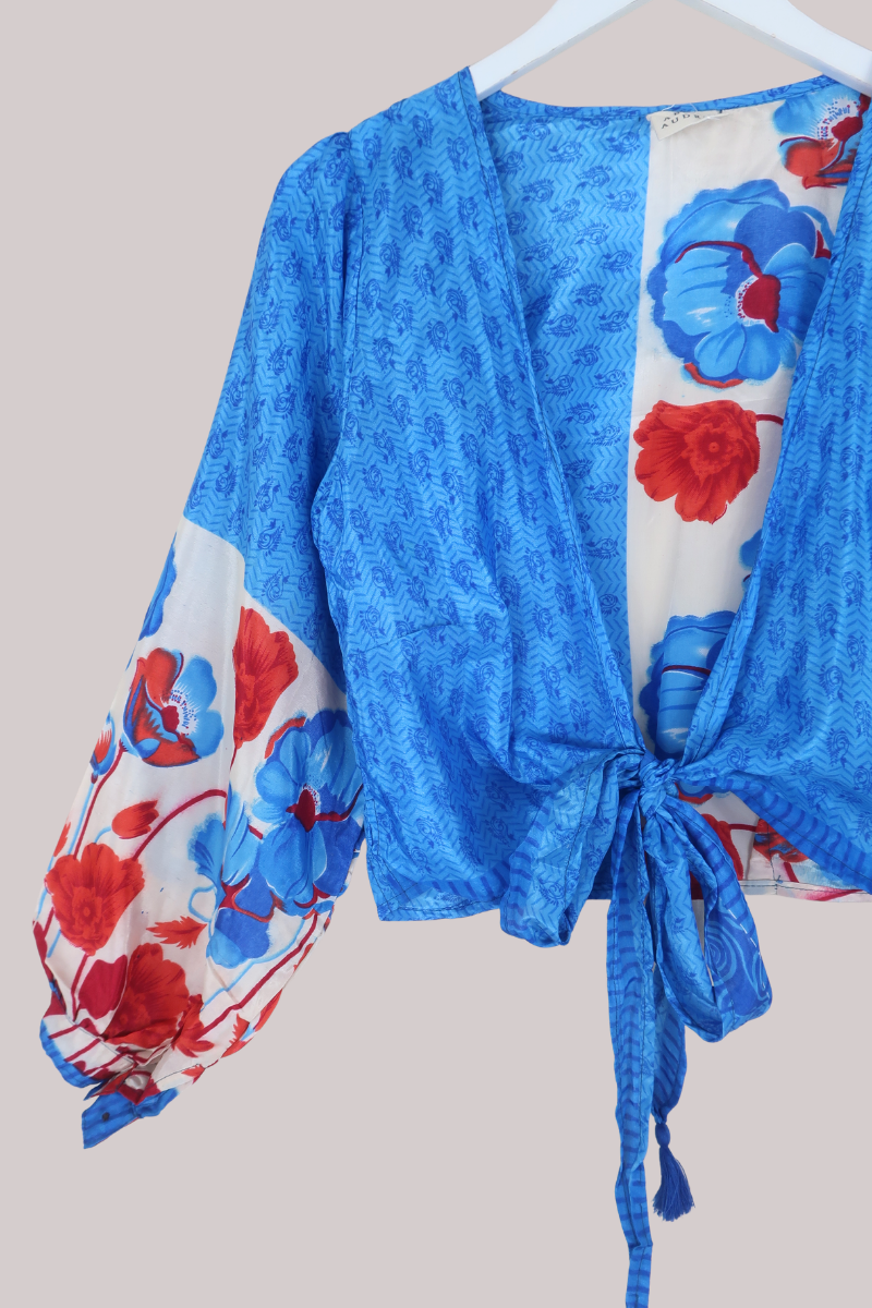 Lola Wrap Top in Lunar Blue Poppies - Size M