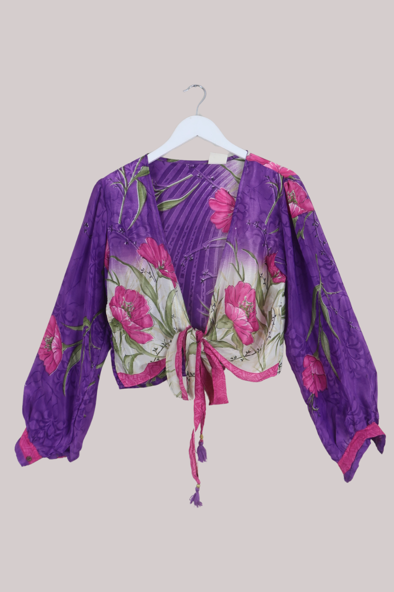 Lola Wrap Top in Purple Falling Flowers - Size L