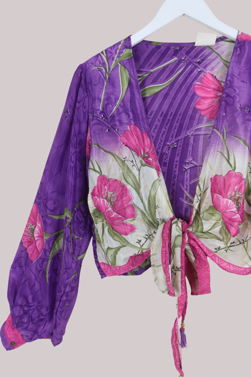 Lola Wrap Top in Purple Falling Flowers - Size L