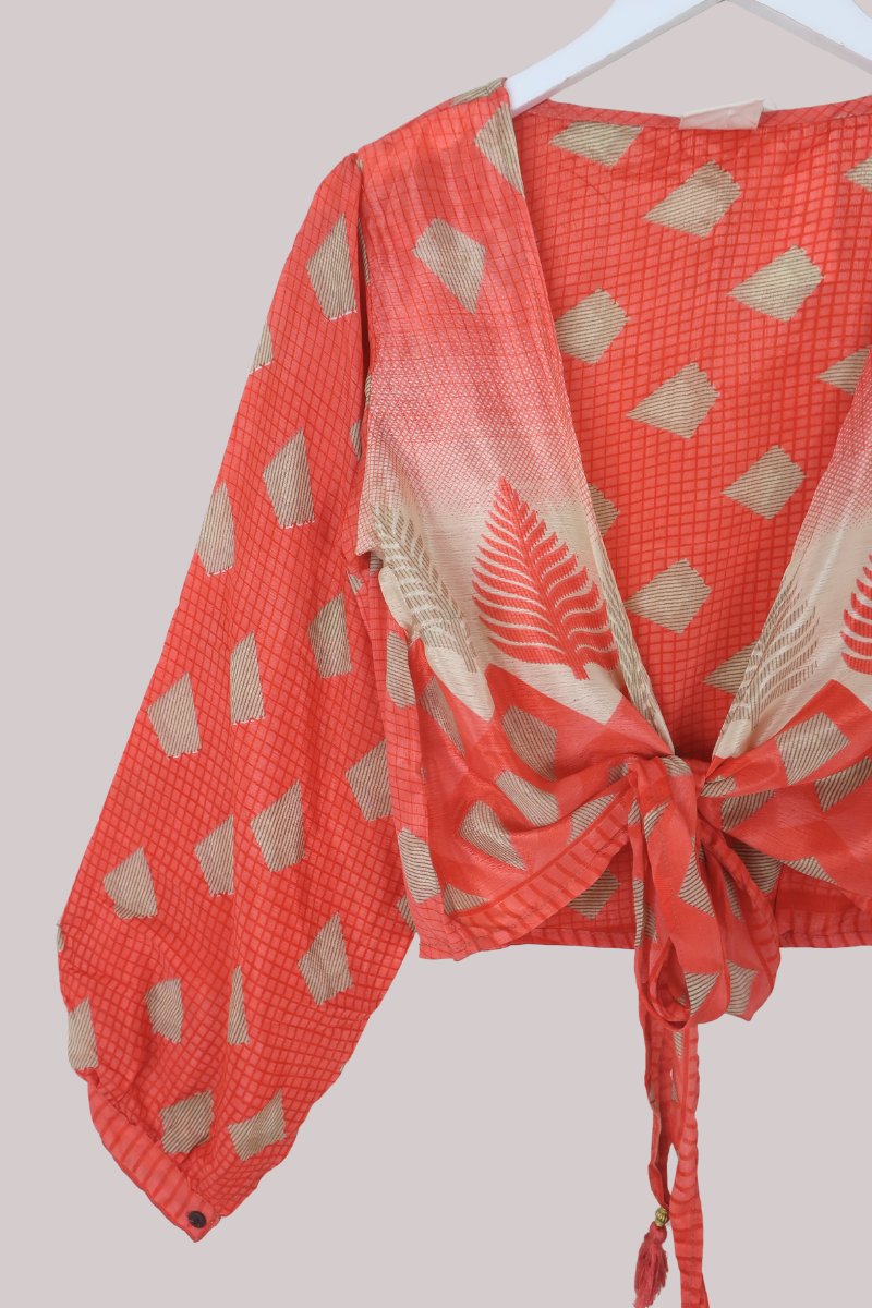 Lola Wrap Top in Reef Orange Feathers - Size M