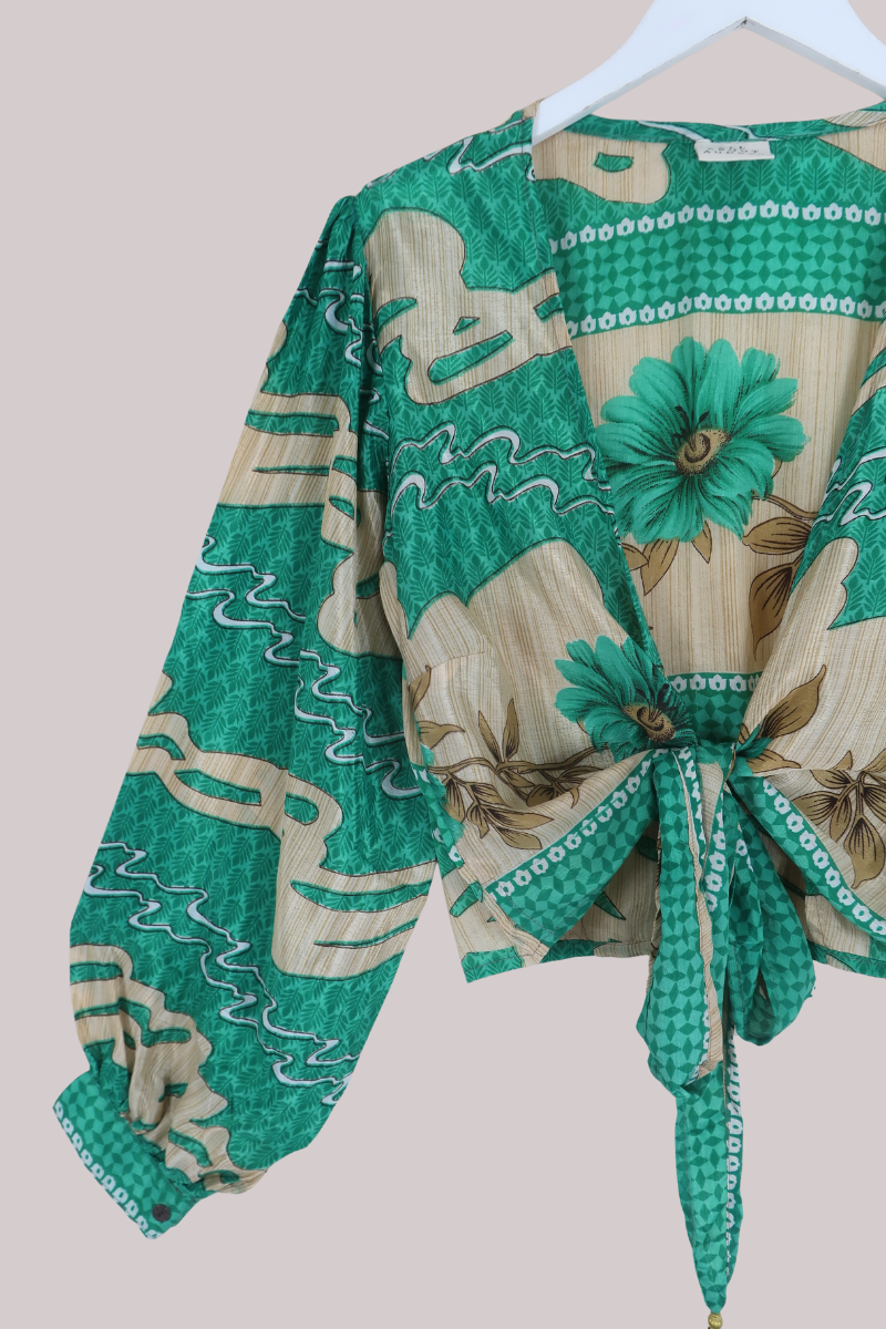 Lola Wrap Top in Sea Green Waves - Size L
