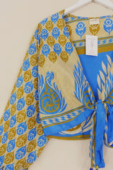 Lola Wrap Top - Sky Blue & Sandy Brown Blooms - Size M/L by All About Audrey