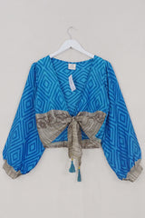 Lola Wrap Top - Ocean Blue Diamond Floral - Size S/M by All About Audrey