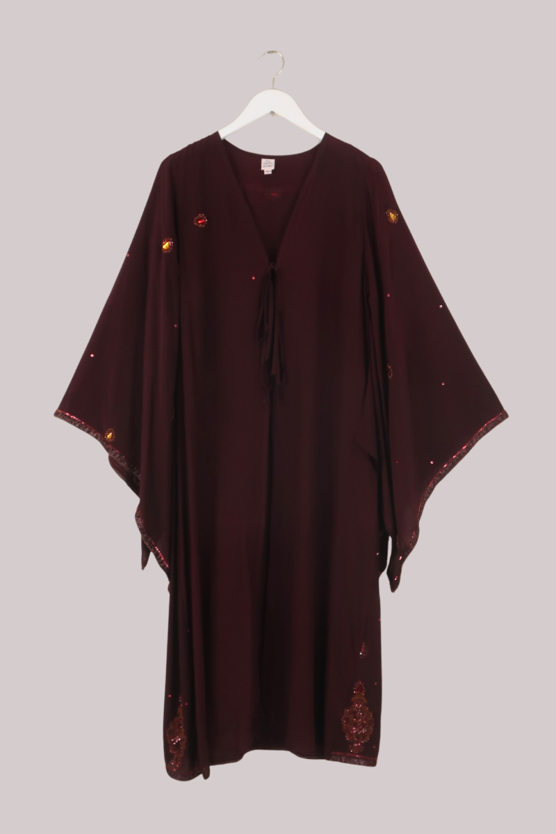 Cassidy Vintage Sheer Beaded Sari Gown in Bejeweled Burgundy