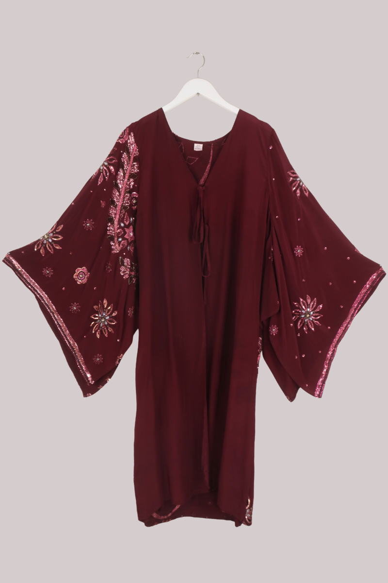 Cassidy Vintage Sheer Beaded Sari Gown in Cherry Red Blush