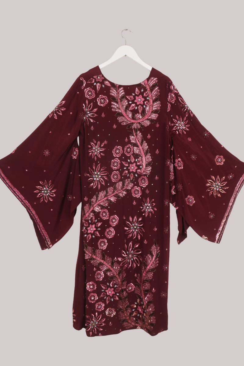 Cassidy Vintage Sheer Beaded Sari Gown in Cherry Red Blush