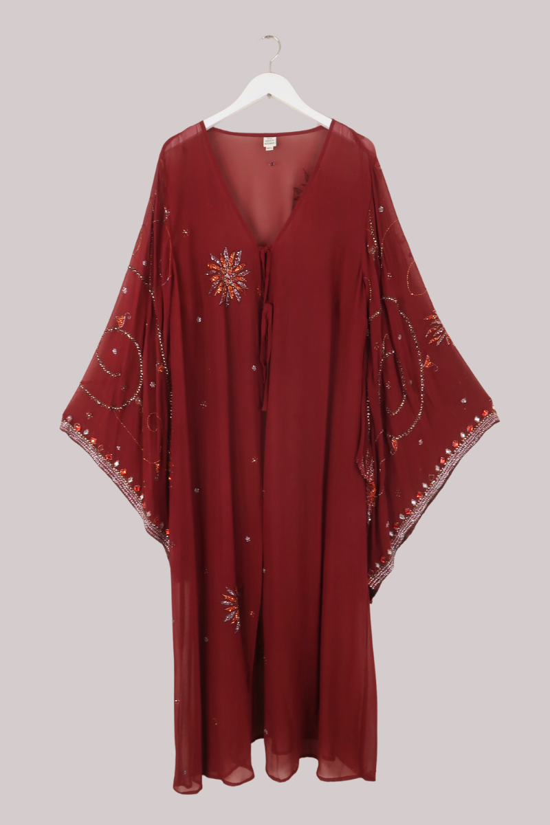 Cassidy Vintage Sheer Beaded Sari Gown in Crimson Sunburst