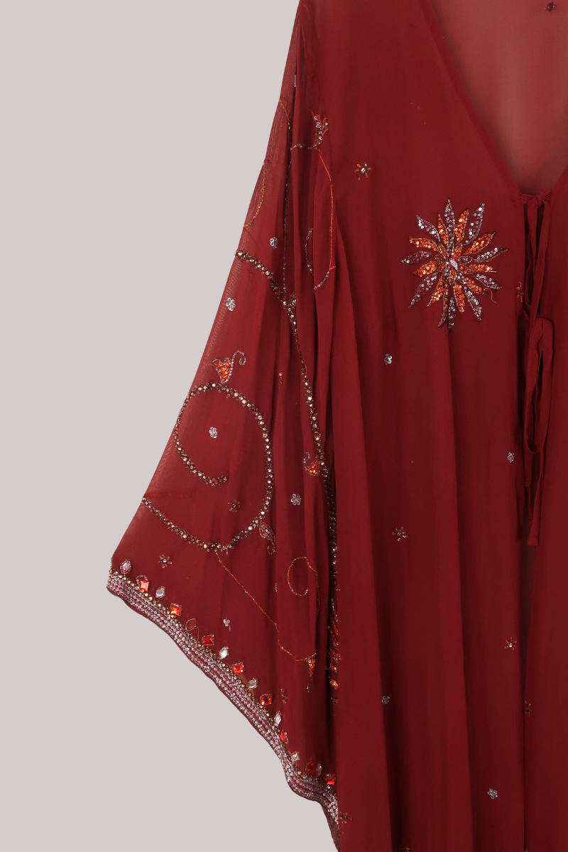 Cassidy Vintage Sheer Beaded Sari Gown in Crimson Sunburst