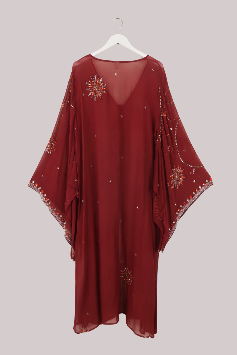 Cassidy Vintage Sheer Beaded Sari Gown in Crimson Sunburst