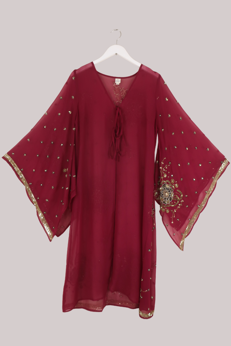 Cassidy Vintage Sheer Beaded Sari Gown in Lipstick Red