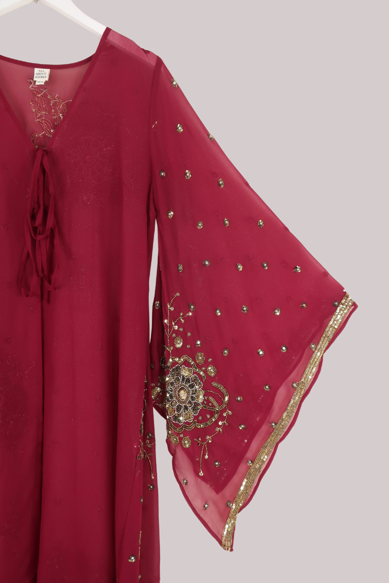 Cassidy Vintage Sheer Beaded Sari Gown in Lipstick Red