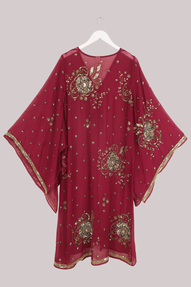 Cassidy Vintage Sheer Beaded Sari Gown in Lipstick Red