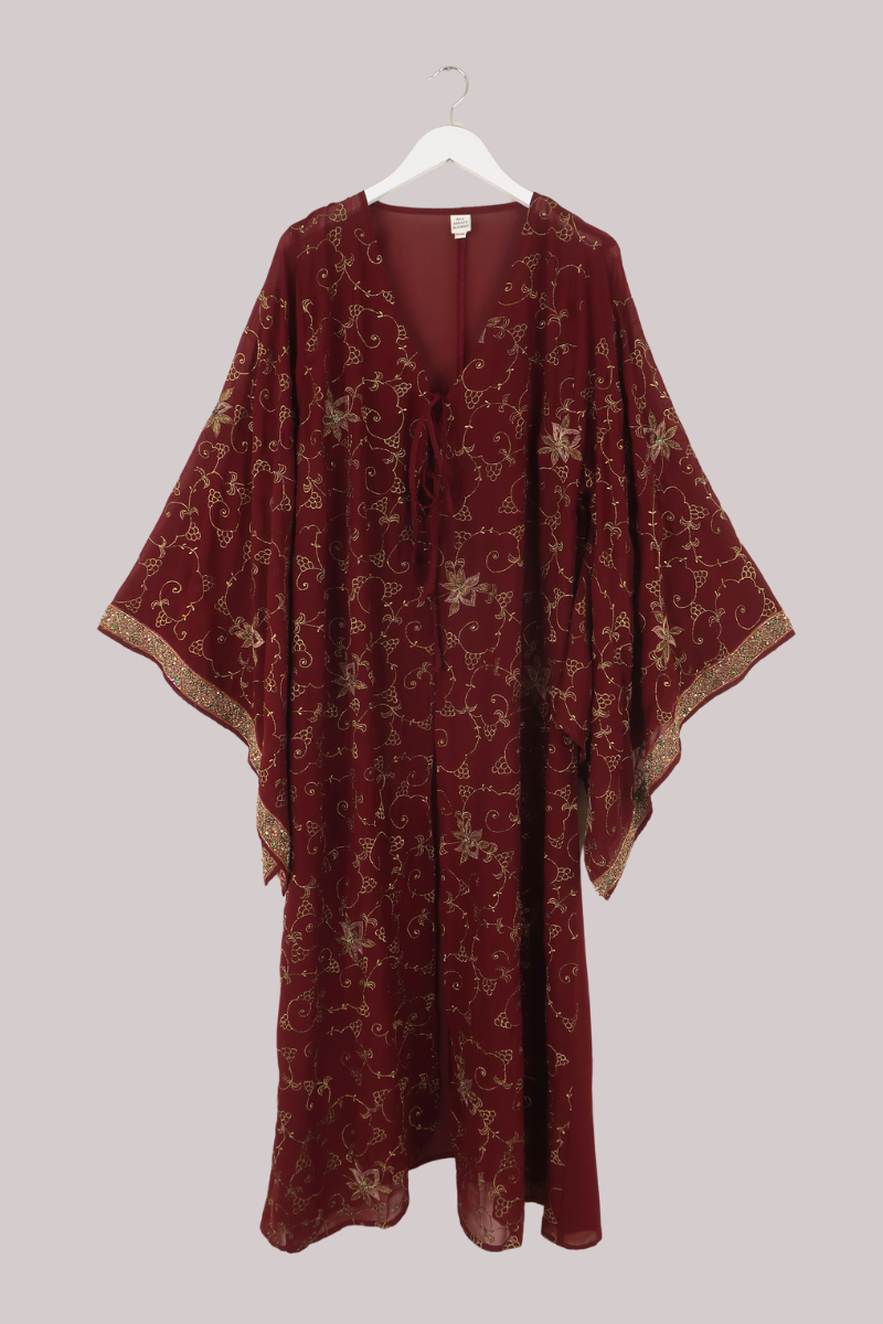 Cassidy Vintage Sheer Beaded Sari Gown in Merlot & Gold