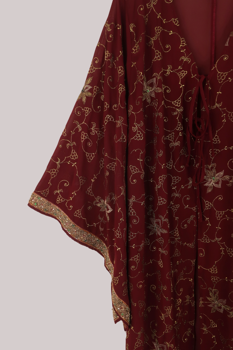 Cassidy Vintage Sheer Beaded Sari Gown in Merlot & Gold