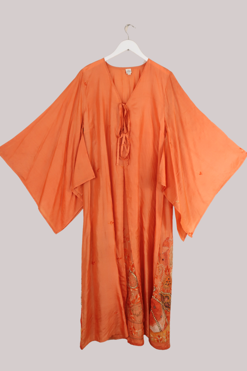 Cassidy Vintage Sheer Beaded Sari Gown in Peach Perching Parrots
