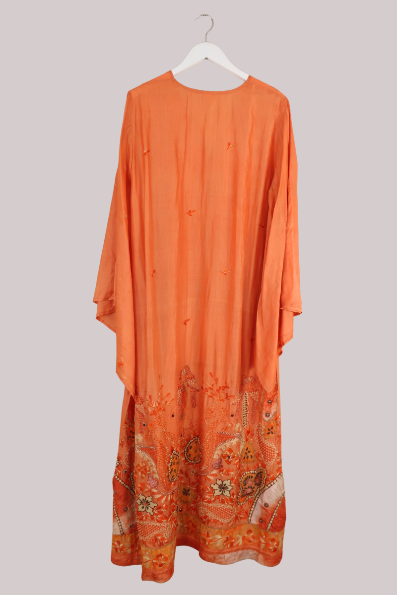 Cassidy Vintage Sheer Beaded Sari Gown in Peach Perching Parrots