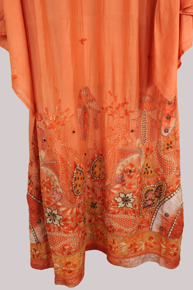 Cassidy Vintage Sheer Beaded Sari Gown in Peach Perching Parrots