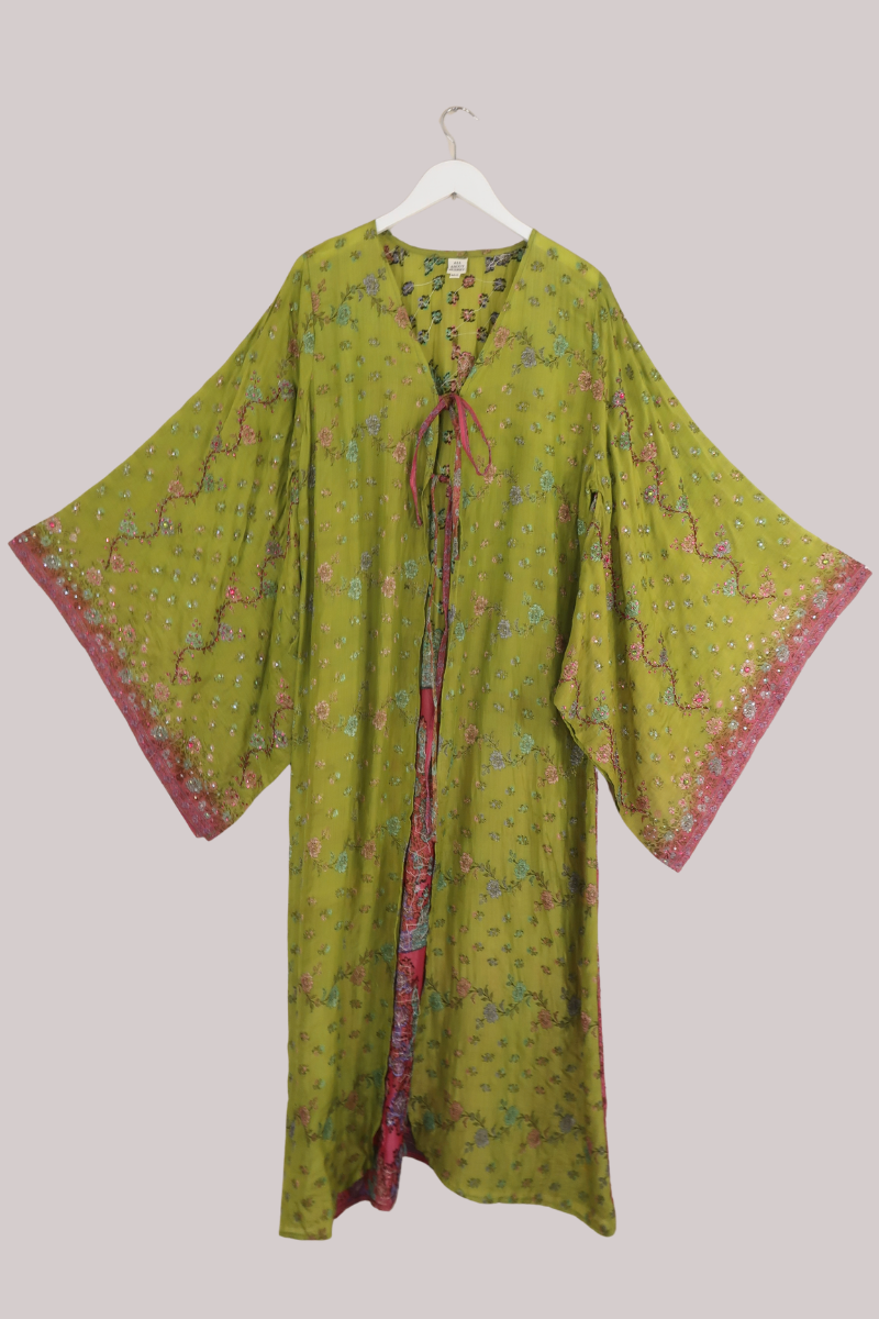 Cassidy Vintage Sheer Beaded Sari Gown in Pistachio & Peony