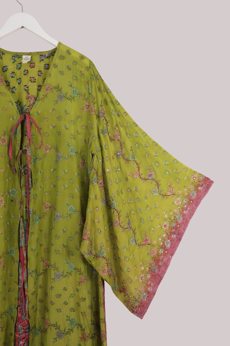 Cassidy Vintage Sheer Beaded Sari Gown in Pistachio & Peony