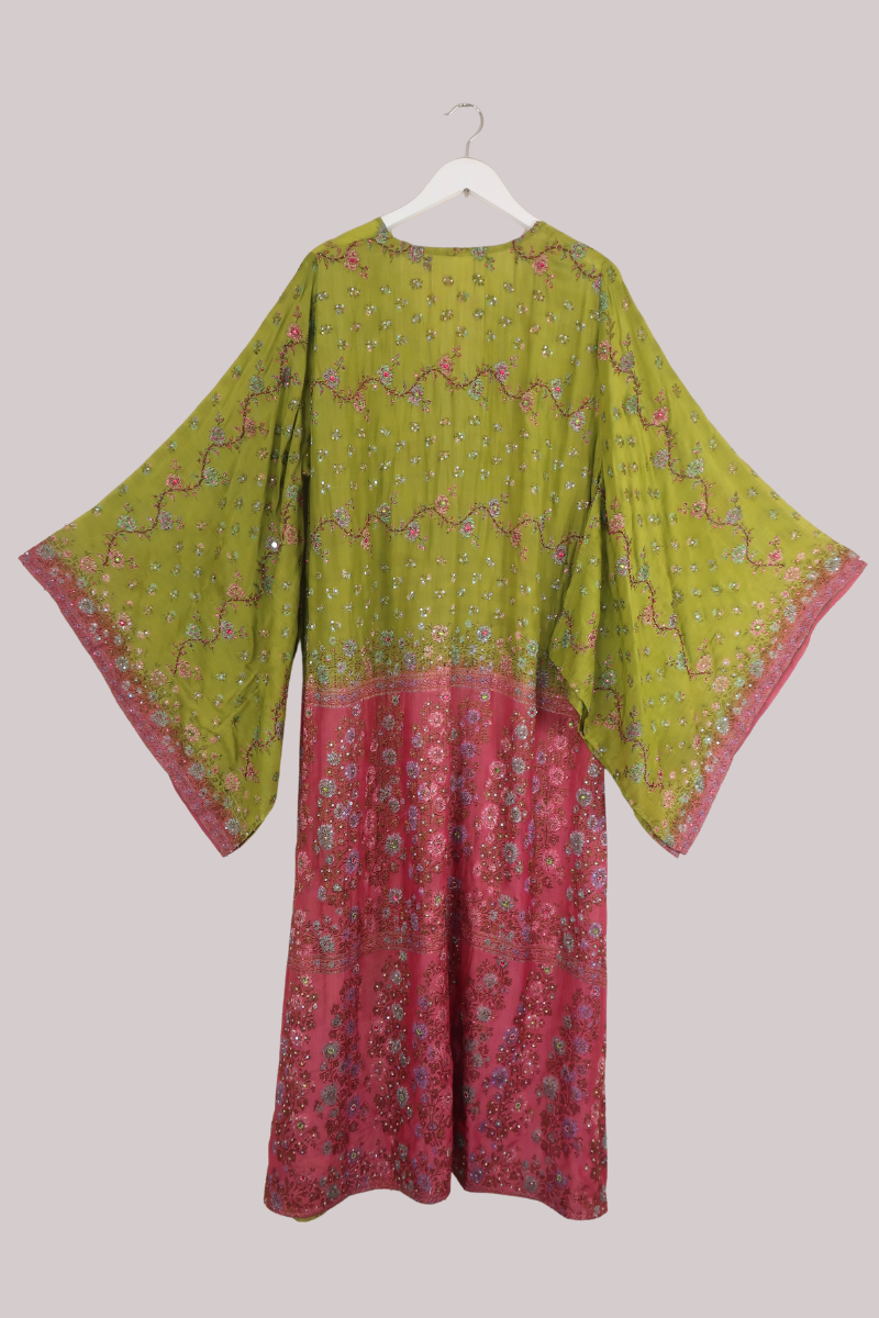 Cassidy Vintage Sheer Beaded Sari Gown in Pistachio & Peony