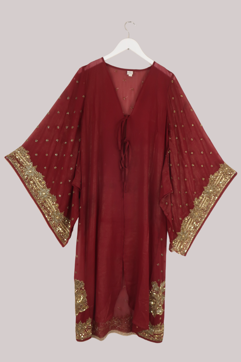 Cassidy Vintage Sheer Beaded Sari Gown in Ruby & Gold