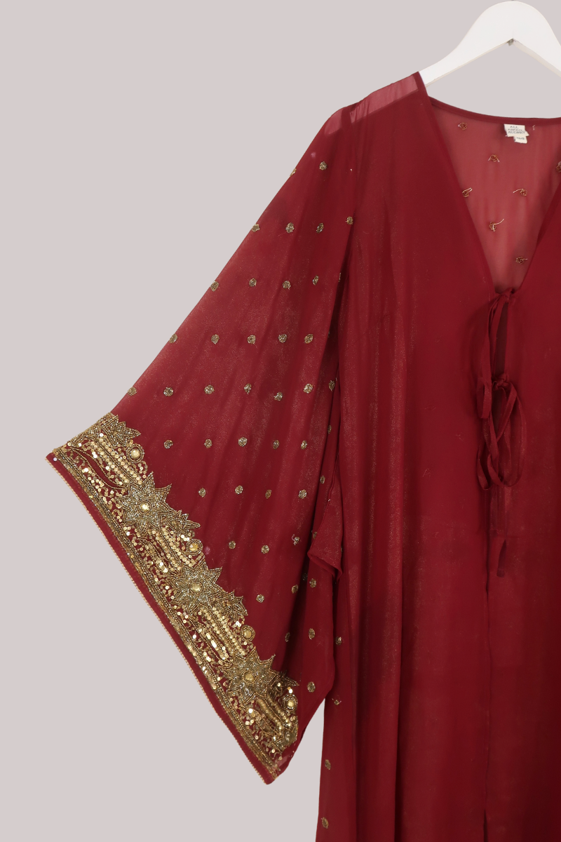 Cassidy Vintage Sheer Beaded Sari Gown in Ruby & Gold