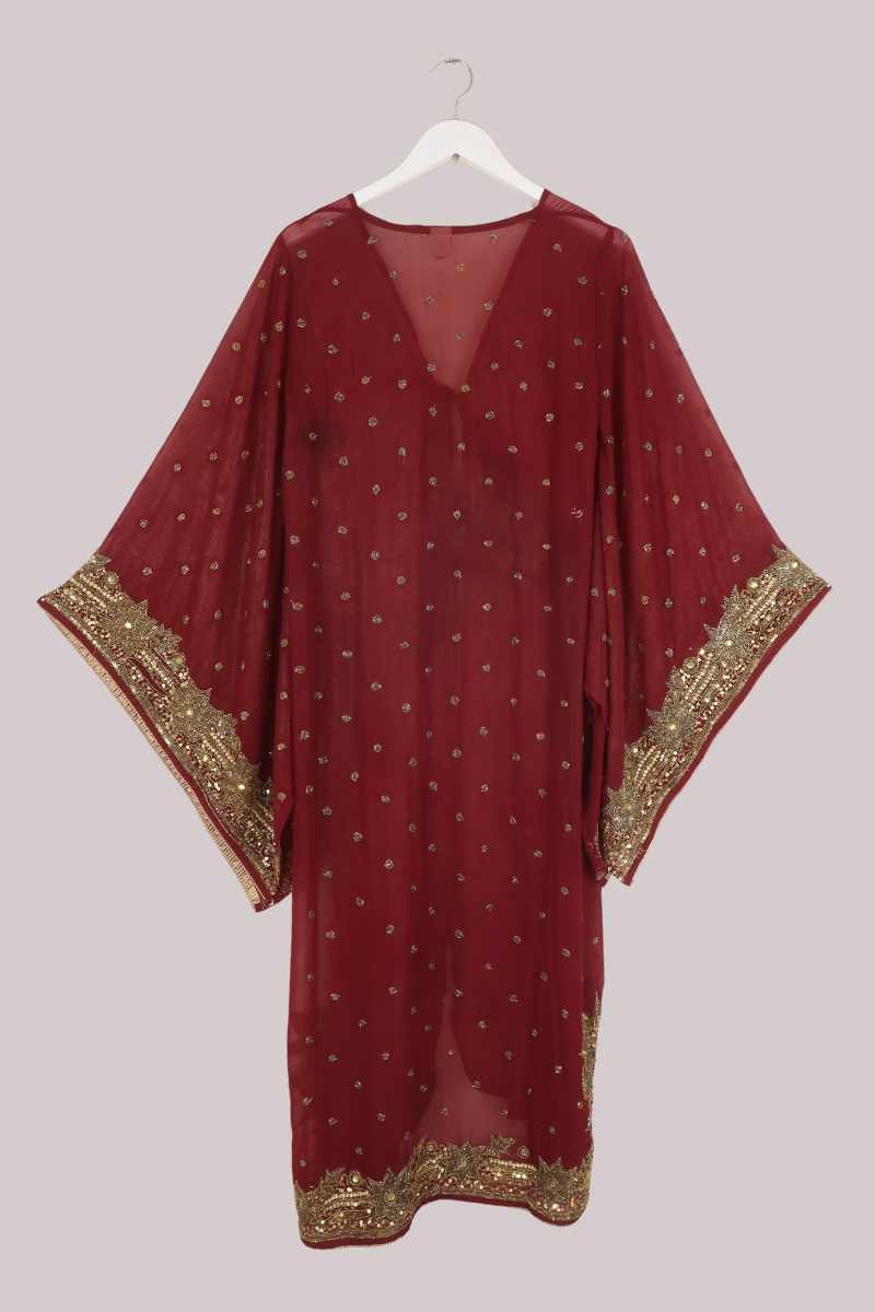 Cassidy Vintage Sheer Beaded Sari Gown in Ruby & Gold
