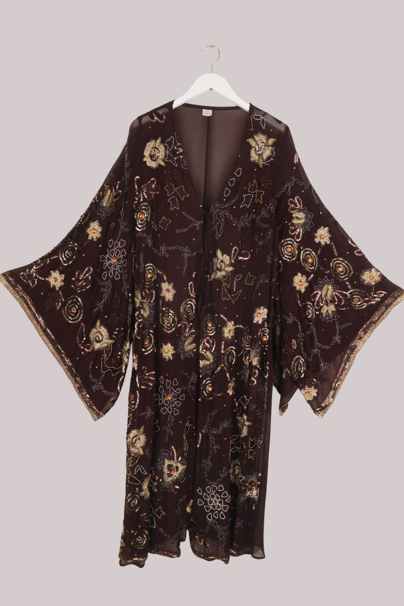 Cassidy Vintage Sheer Beaded Sari Gown in Shimmering Forest Brown