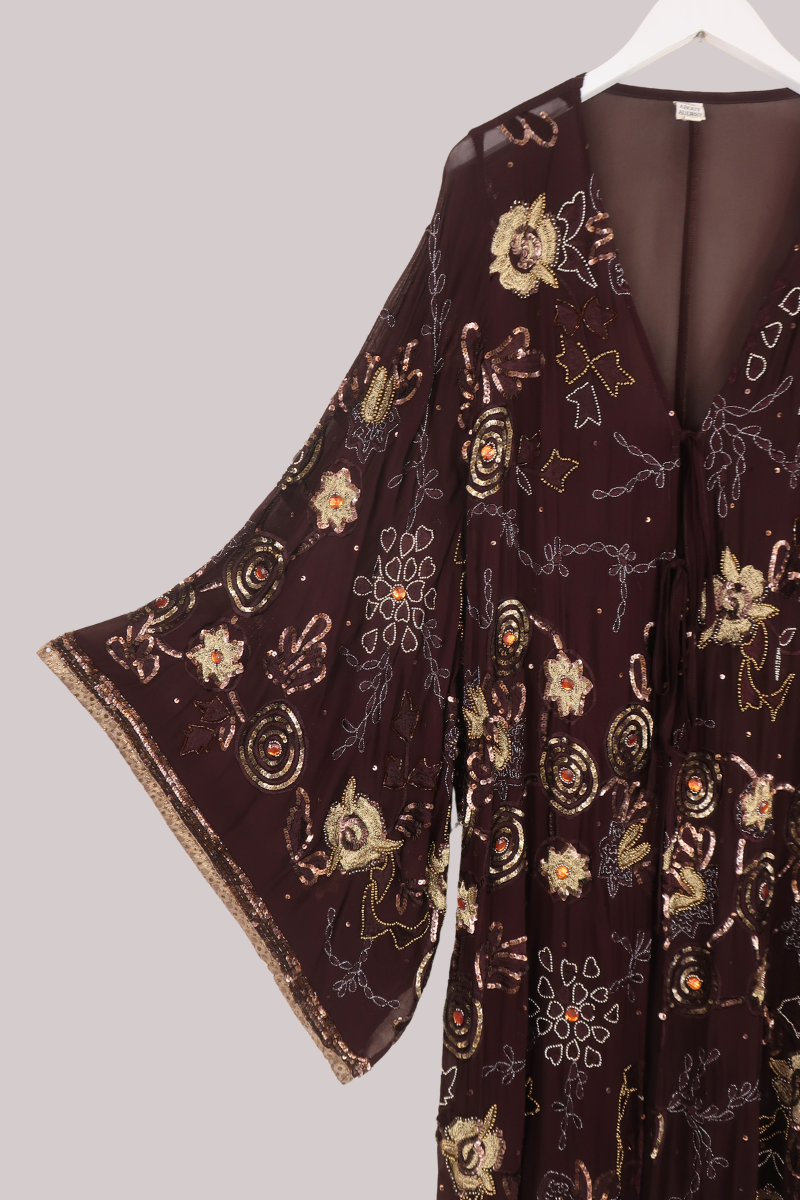 Cassidy Vintage Sheer Beaded Sari Gown in Shimmering Forest Brown
