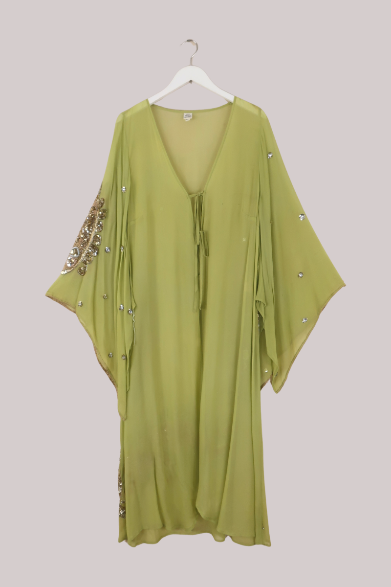 Cassidy Vintage Sheer Beaded Sari Gown in Tinkerbell Green
