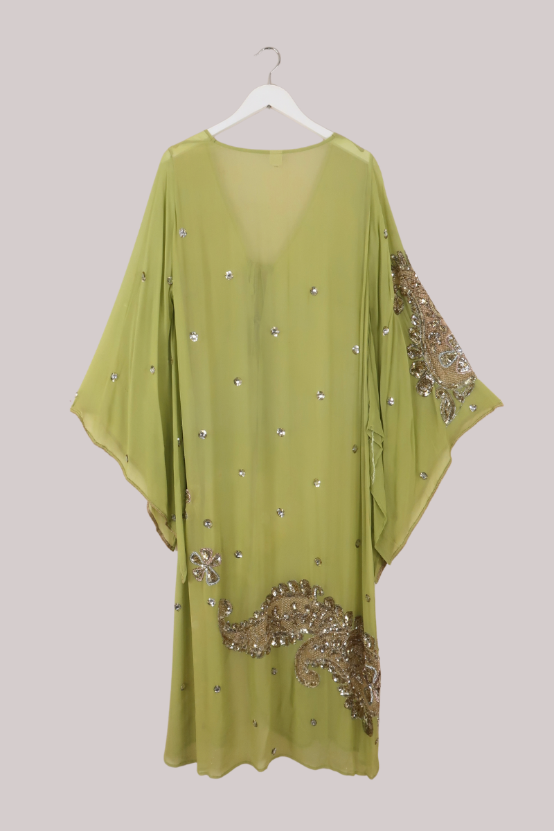 Cassidy Vintage Sheer Beaded Sari Gown in Tinkerbell Green