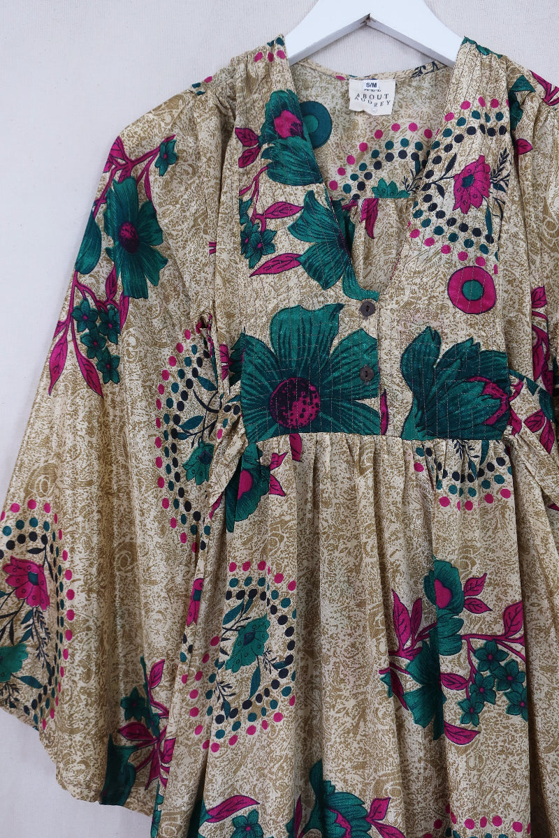 Lunar Maxi Dress - Vintage Sari - Antique Gold Blossom - Size XS