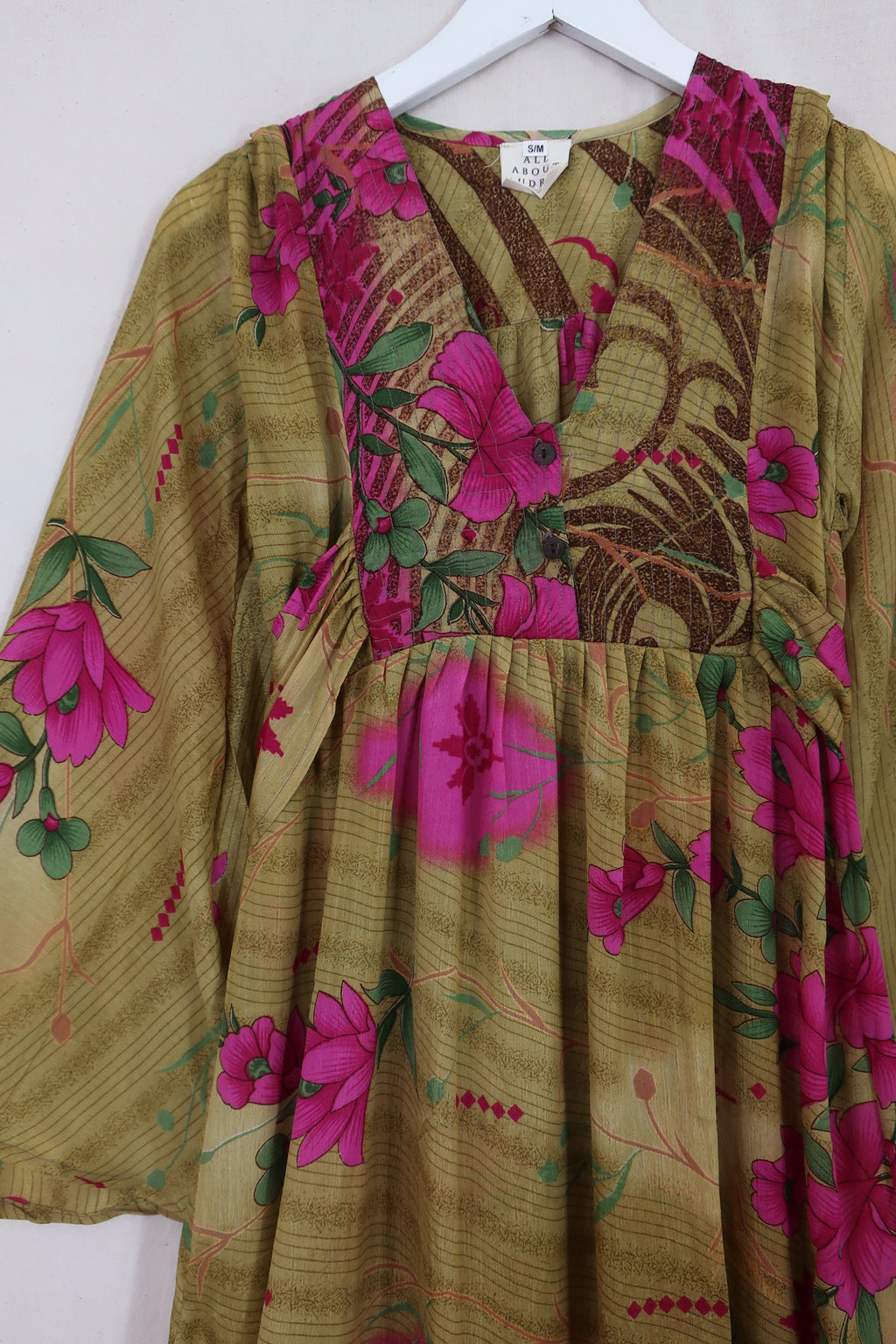 Lunar Maxi Dress - Vintage Sari - Golden Sand Spring Floral - Size XXS